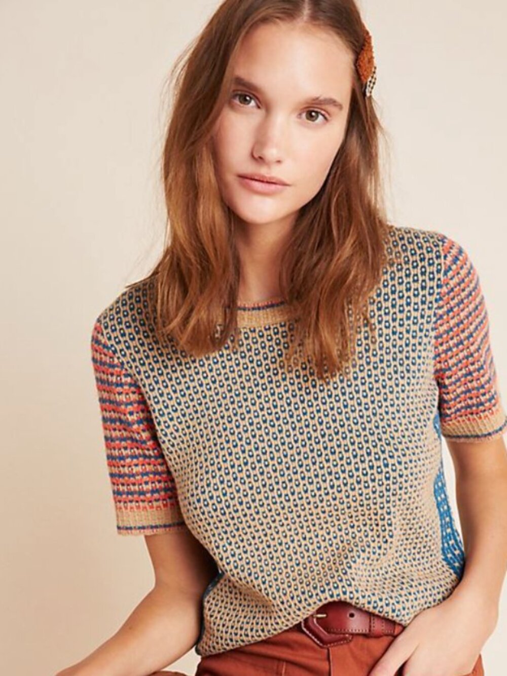 Anthropologie Keaton Sweater XS Multicolor Geometric Knit Short Sleeve Pullover